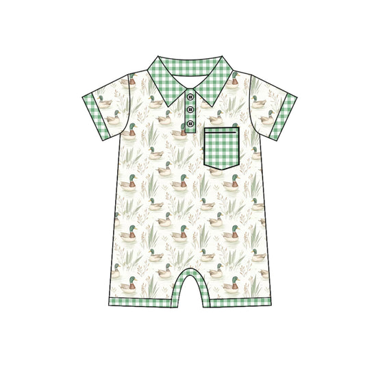 Preorder Baby Boy Infant Short Sleeves Green Ducks Pocket Buttons Romper