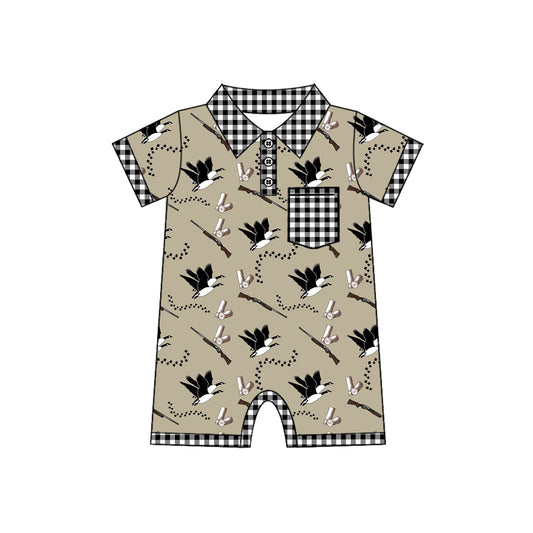 Preorder Baby Boy Infant Short Sleeves Ducks Buttons Hunting Romper