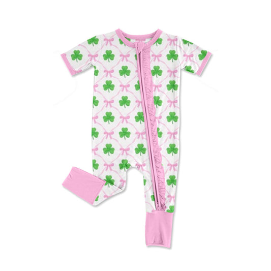 Preorder Baby Girl Short Sleeves St Patrick Pink Bows Zipper Romper