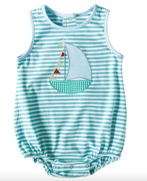 Preorder Baby Boy Infant Sleeveless Stripes Boat Bubble Romper