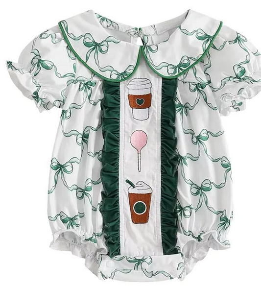 Preorder Baby Girl Infant Short Sleeves Coffee Green Bows Bubble Romper