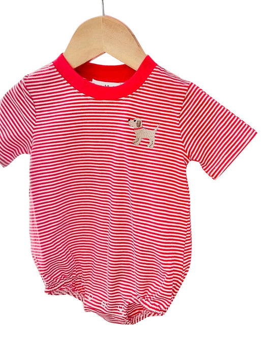 Preorder Baby Boy Infant Short Sleeves Red Stripes Dog Bubble Romper