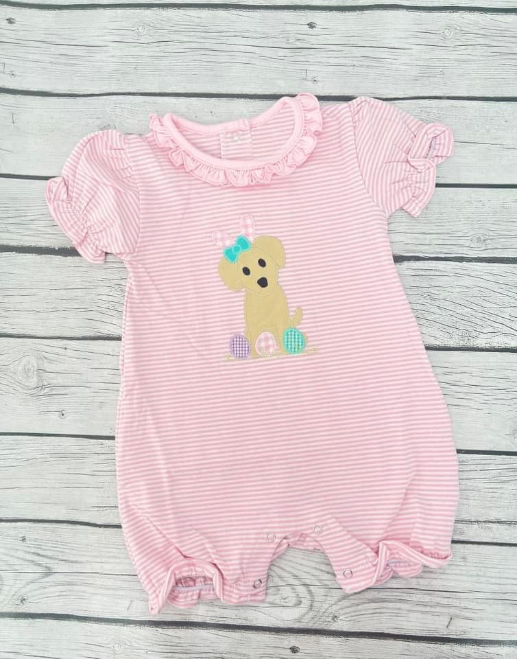 Preorder Baby Girl Infant Short Sleeves Easter Dogs Eggs Pink Romper