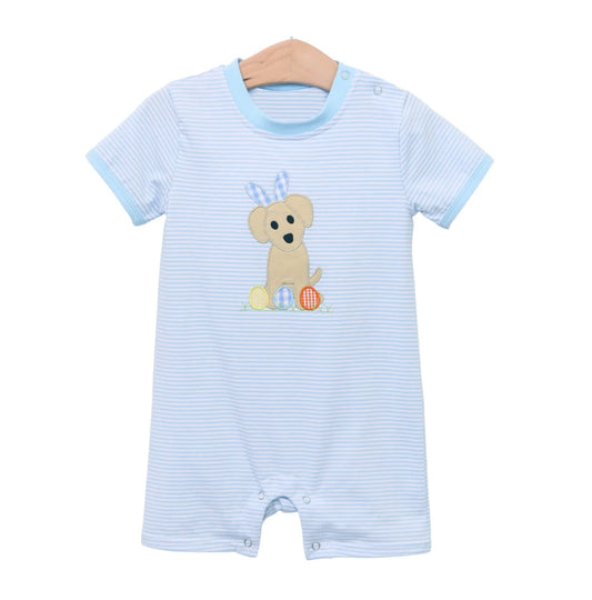 Preorder Baby Boy Infant Short Sleevs Easter Dogs Eggs Blue Romper