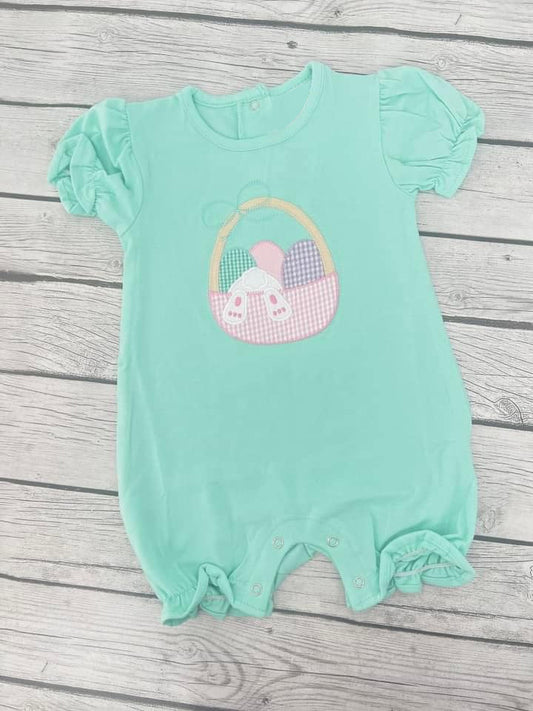 Preorder Baby Girl Infant Short Sleeves Easter Eggs Basket Green Romper