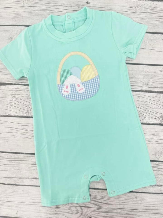 Preorder Baby Boy Infant Short Sleeves Easter Eggs Basket Green Romper