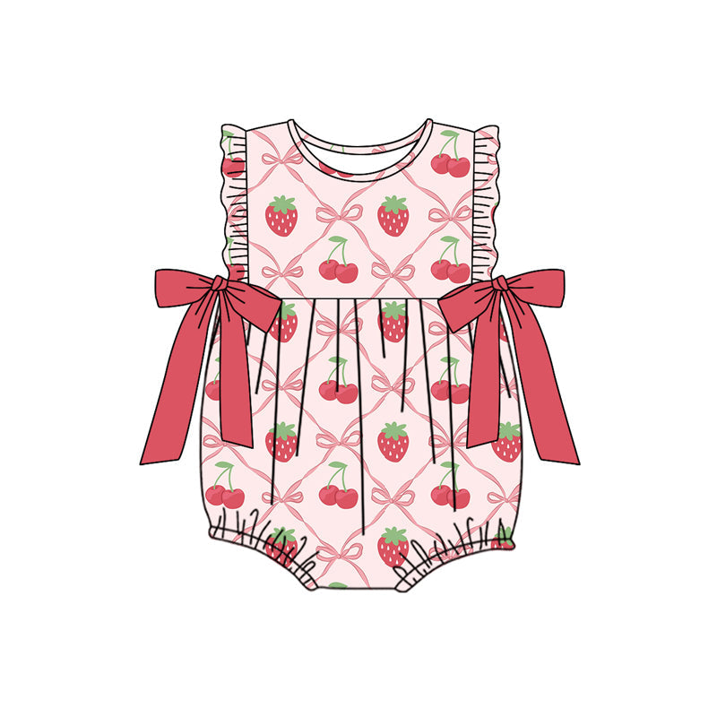 Preorder Baby Girl Infant Sleeveless Strawberry Bows Bubble Romper