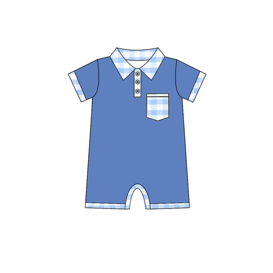 Preorder Baby Boy Infant Short Sleeves Plaid Buttons Pocket Blue Romper