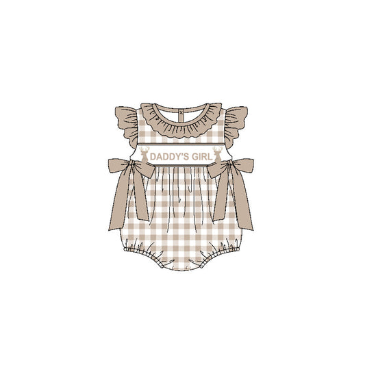 Preorder Baby Kids Short Sleeves Daddy's Girl Deer Bows Plaid Bubble Romper