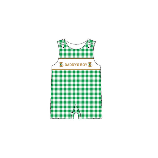 Preorder Baby Infant Daddy's Boy Dogs Green Plaid Buttons Romper