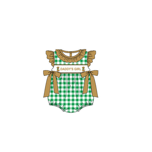 Preorder Baby Infant Short Sleeves Daddy's Girl Dogs Bows Green Plaid Bubble Romper