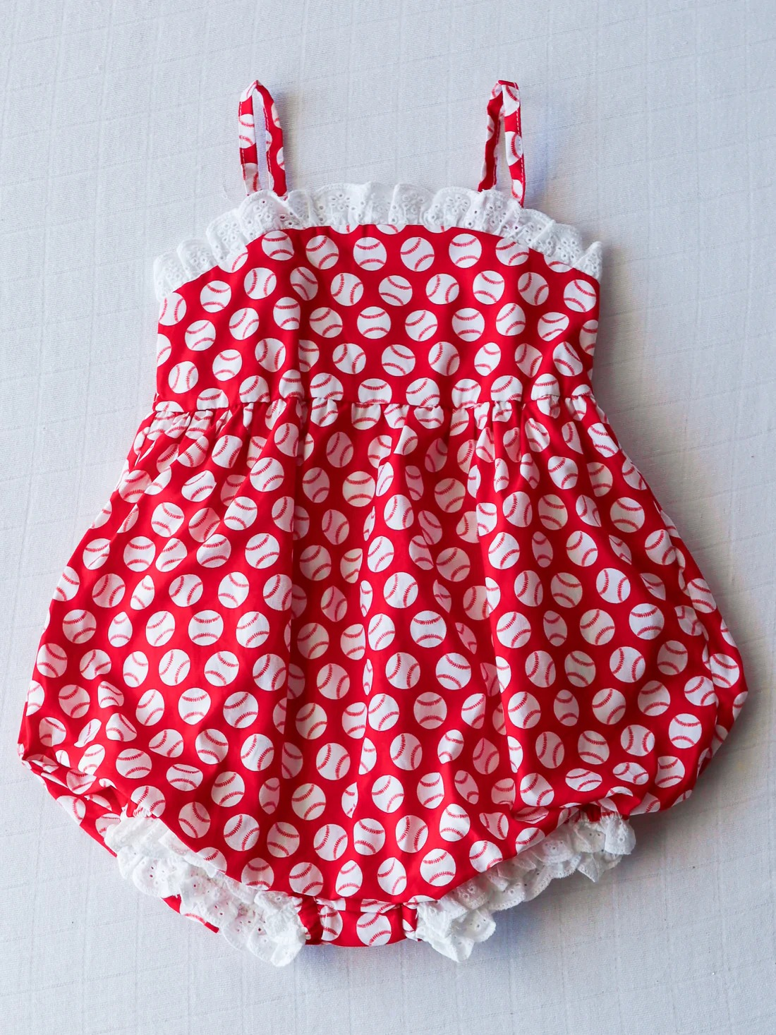 Preorder Baby  Girl Infant Red Baseball Straps Bubble Romper
