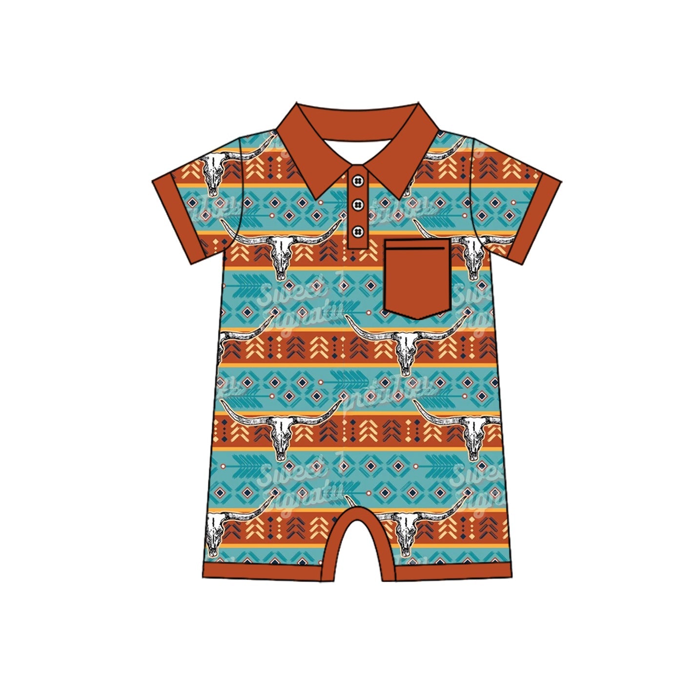 Preorder Baby Boy Infant Short Sleeves Western Cow Aztec Pocket Romper