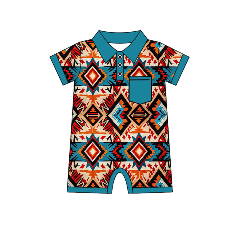 Preorder Baby Boy Infant Short Sleeves Western Aztec Blue Pocket Romper