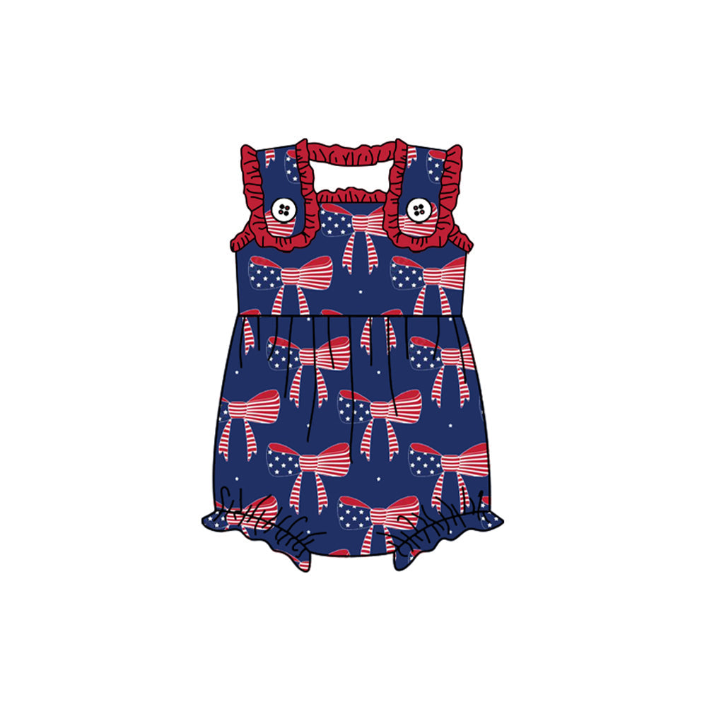 Preorder Baby Girl Infant July 4th Flag Bows Straps Bubble Romper