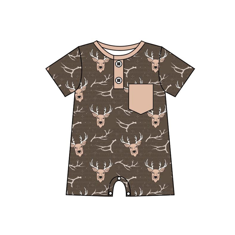 Preorder Baby Boy Infant Short Sleeves Deer Pocket Buttons Romper