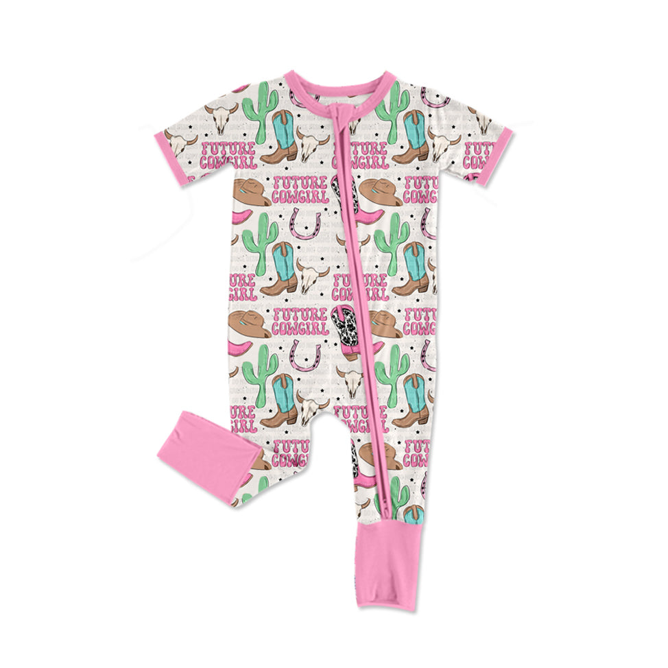Preorder Baby Girl Infant Short Sleeves Pink Western Boots Zipper Romper
