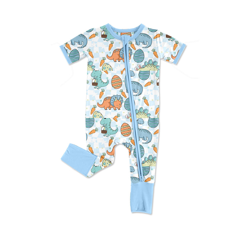 Preorder Baby Boy Infant Short Sleeves Easter Dinosaurs Eggs Zipper Blue Romper