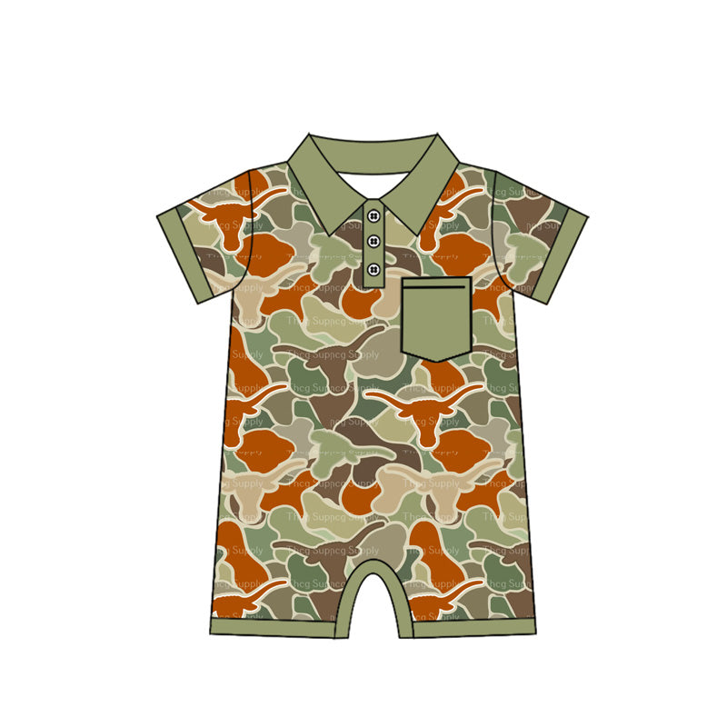 Preorder Baby Boy Infant Short Sleeves Cow Camo Pocket Green Romper