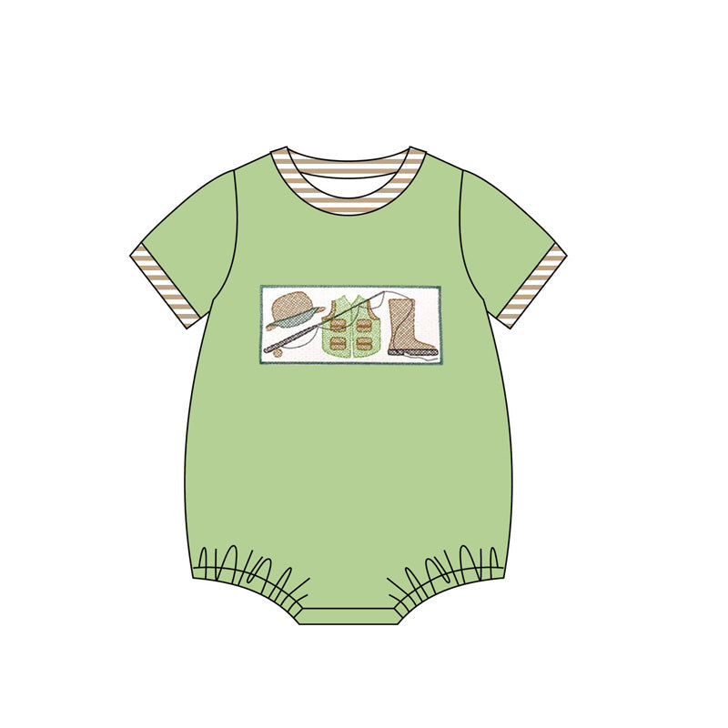 Preorder Baby Boy Infant Short Sleeves Duck Fishing Bubble Green Romper