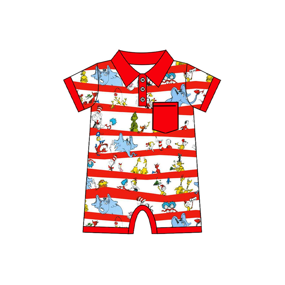 Preorder Baby Boy Infant Short Sleeves Elephants Pocket Red Romper