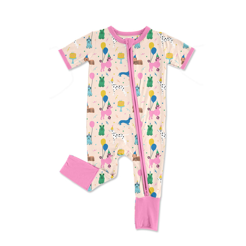 Preorder Baby Girl Infant Short Sleeves Dogs Birthday Zipper Romper