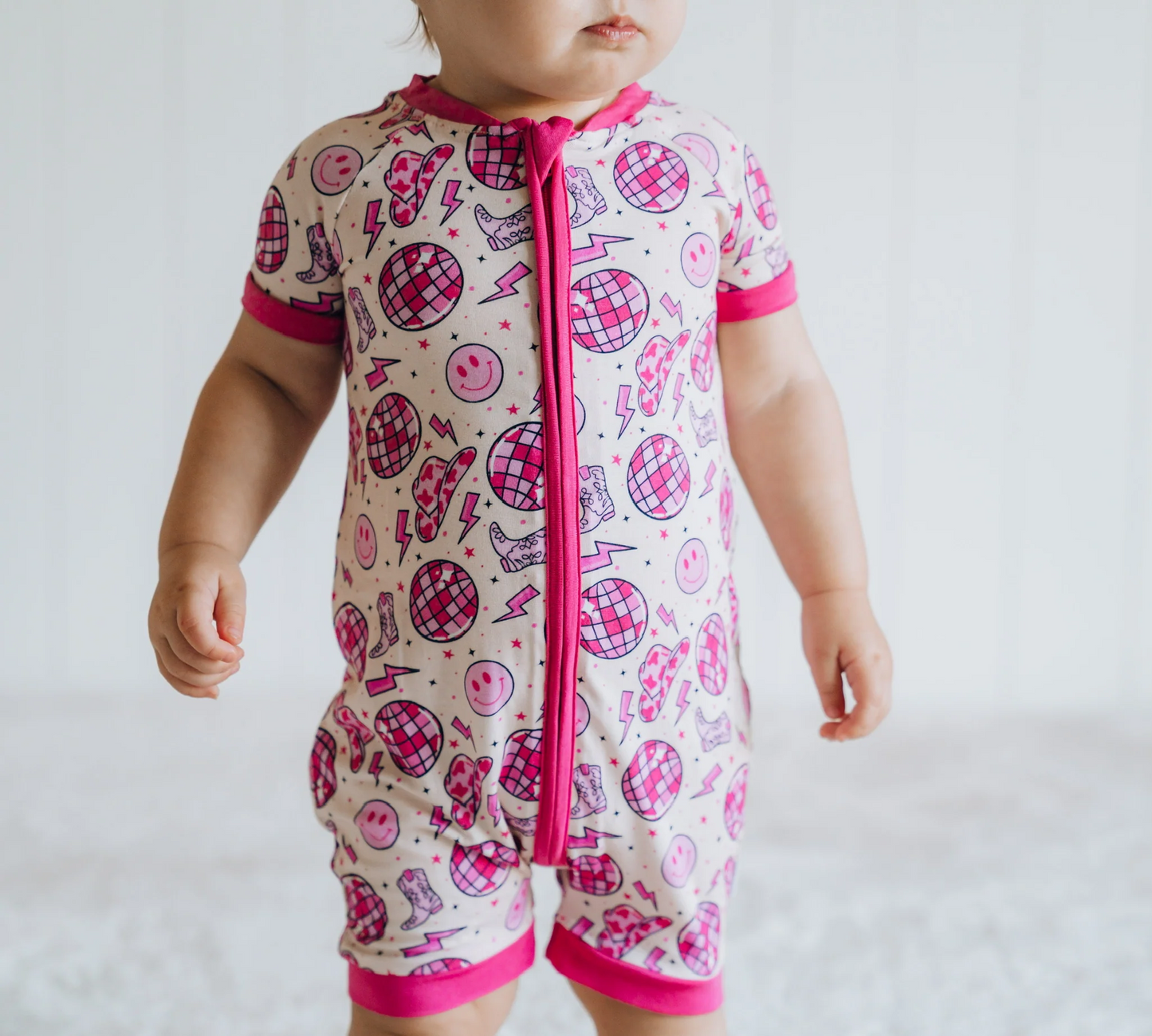 Preorder Baby Girl Infant Short Sleeves Disco Boots Western Zipper Pink Romper