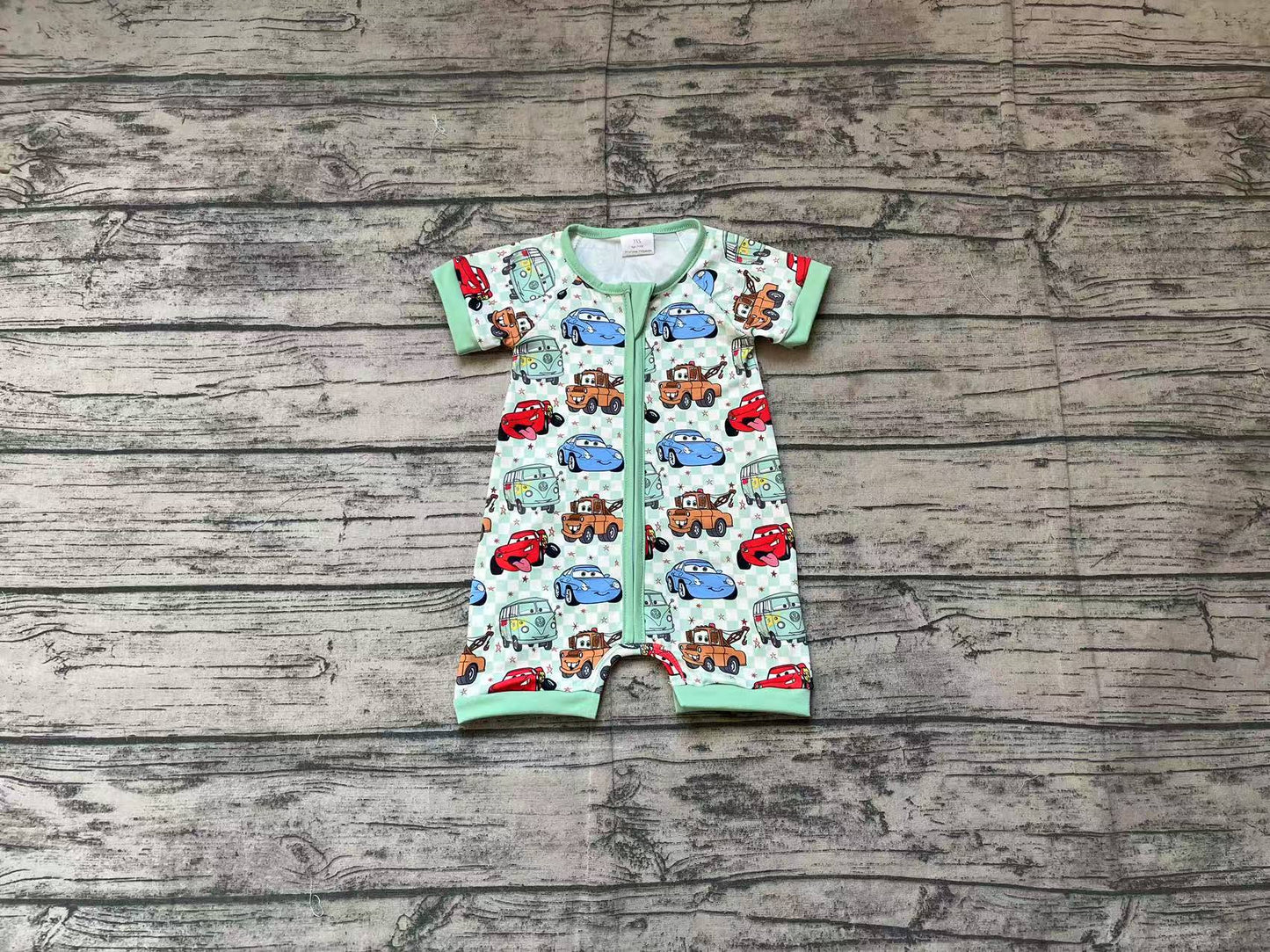 Preorder Baby Boy Infant Short Sleeves Cartoon Car Green Checkered Zipper Romper ( No moq ）