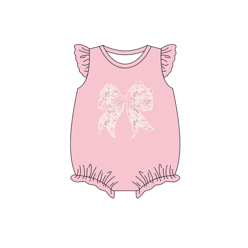 Preorder Baby Girl Infant Short Sleeves Flower Bows Pink Bubble Romper