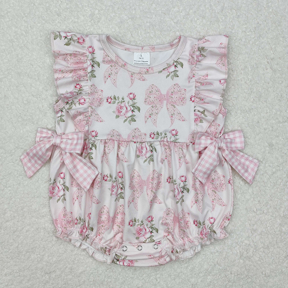 Baby Girl Short Sleeves Flower Bows Summer Sibling Pink Romper Outfit RTS