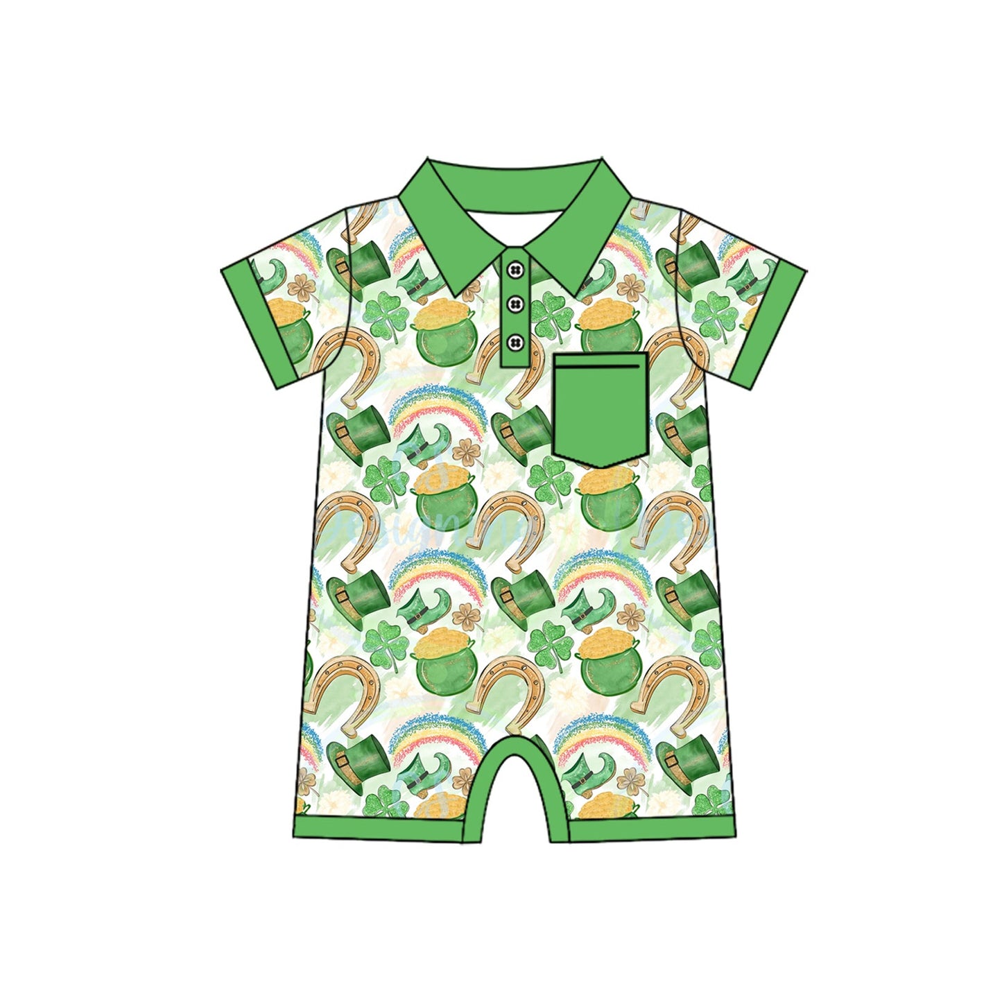Preorder Baby Boy Infant Short Sleeves St Patrick Day Rainbow Green Pocket Romper