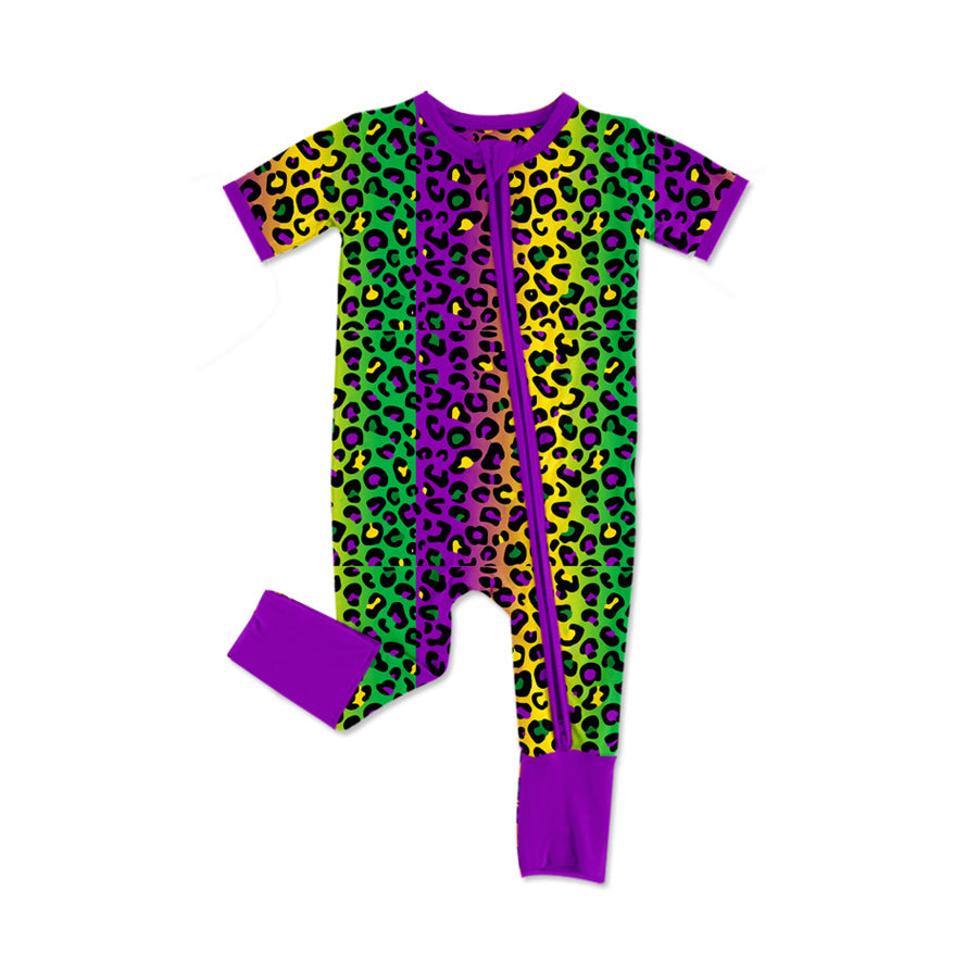 Preorder Baby Girl Infant Short Sleeves Mardi Gras Leopard Zipper Romper