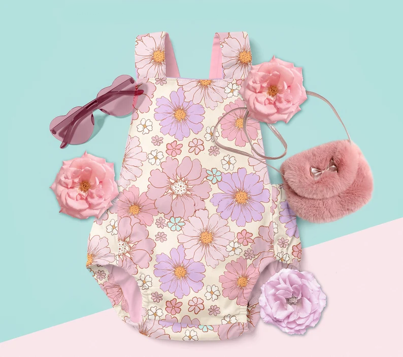 Preorder Baby Girl Infant Flower Straps Bubble Pink Romper