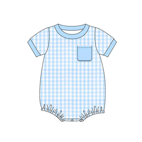 Preorder Baby Boy Infant Short Sleeves Blue Checkered Pocket Bubble Romper