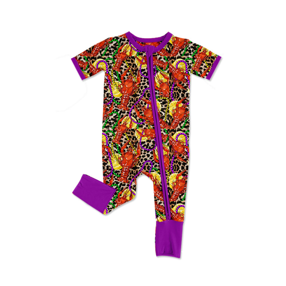 Preorder Baby Boy Infant Short Sleeves Mardi Gras Crawfish Zipper Romper