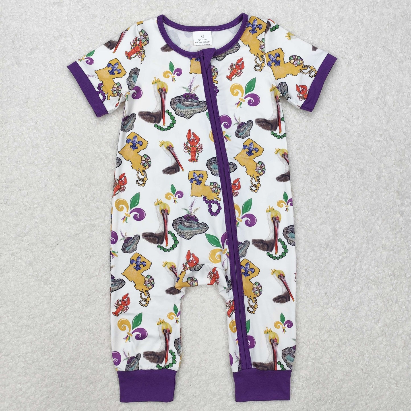 Sibling Baby Boys Girls Infant Short Sleeves Mardi Gras Anchors Crawfish Zipper Rompers RTS