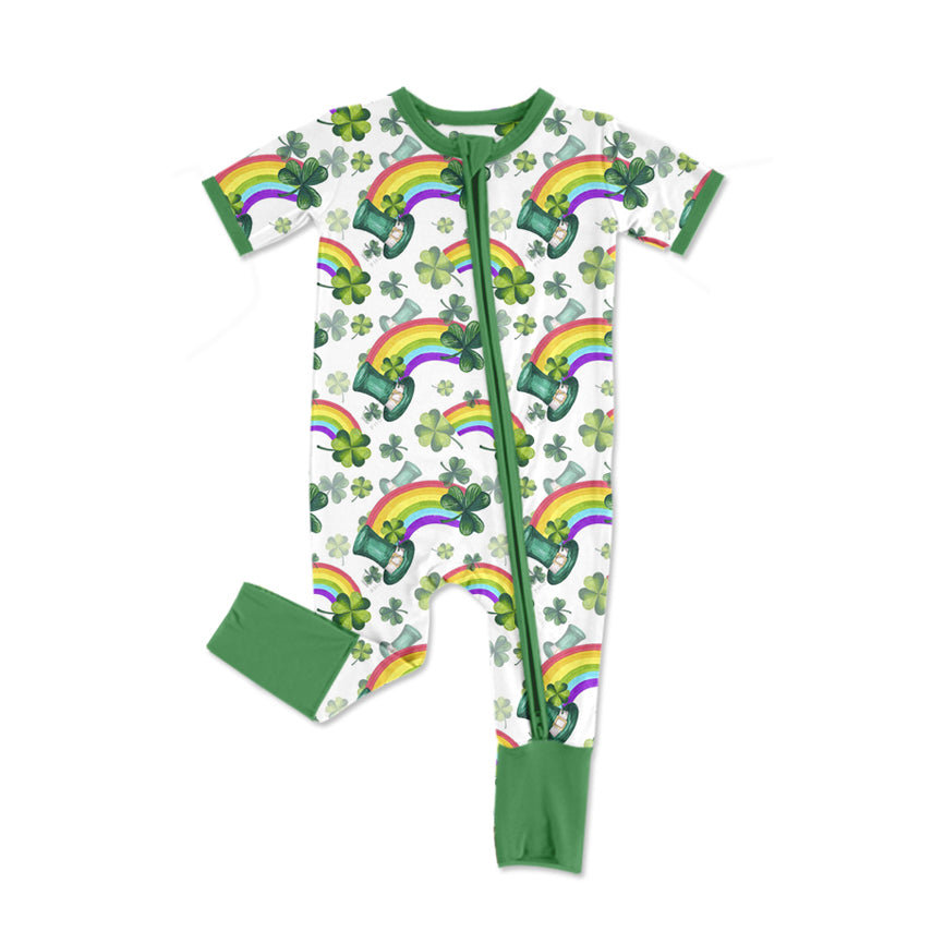 Preorder Baby Boy Infant Short Sleeves St Patrick Quatrefoil Rainbow Zipper Romper