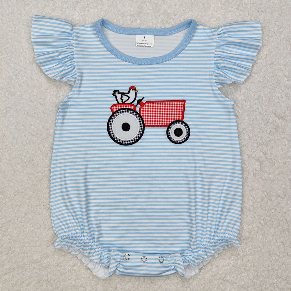 Baby Boy Girl Embroidery Farm Chicken Blue Stripes Sibling Romper Clothes Set