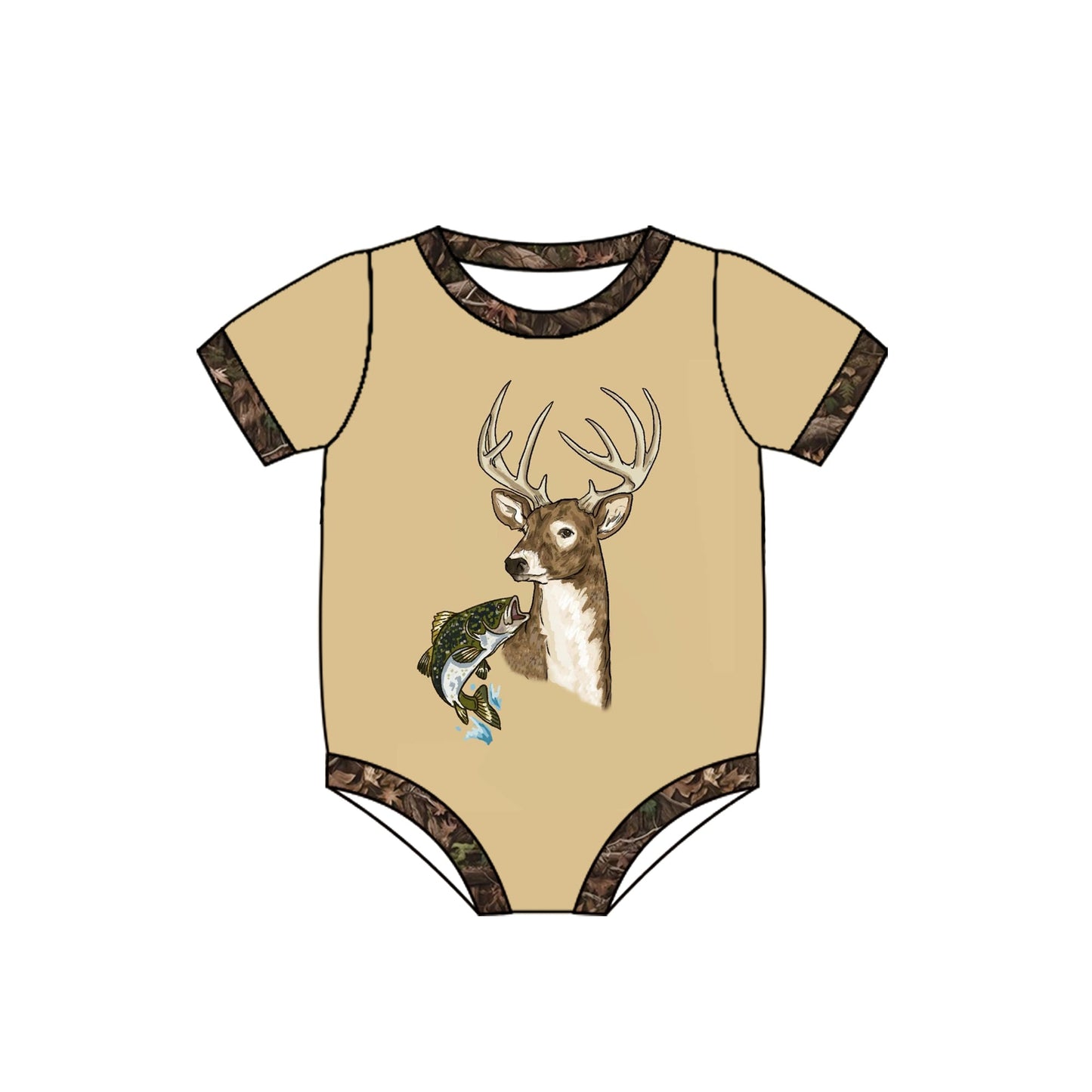 Preorder Baby Boy Infant Short Sleeves Deer Fishing Hunting Bubble Romper
