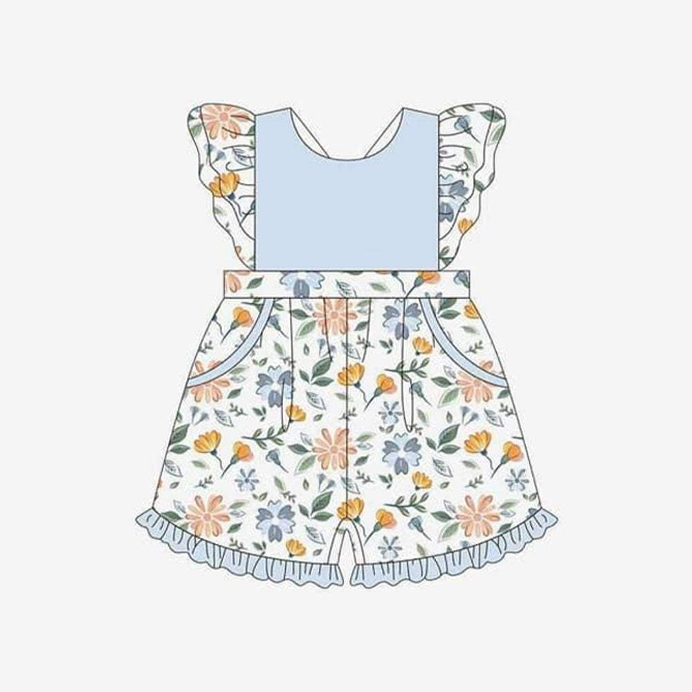 Preorder Baby Girl Short Sleeves Flower Pockets Shorts Blue Jumpsuit