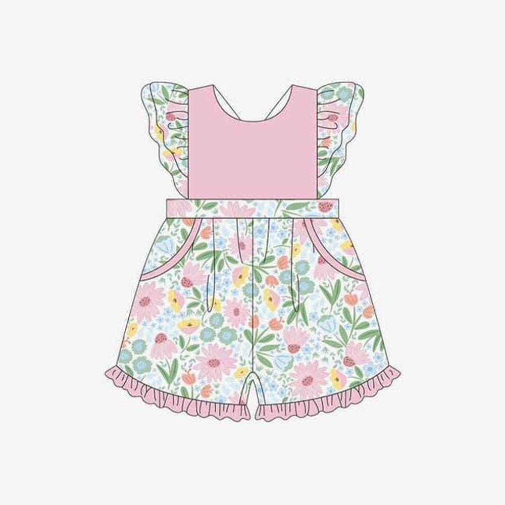 Preorder Baby Girl Short Sleeves Flower Pockets Ruffle Shorts Pink Jumpsuit