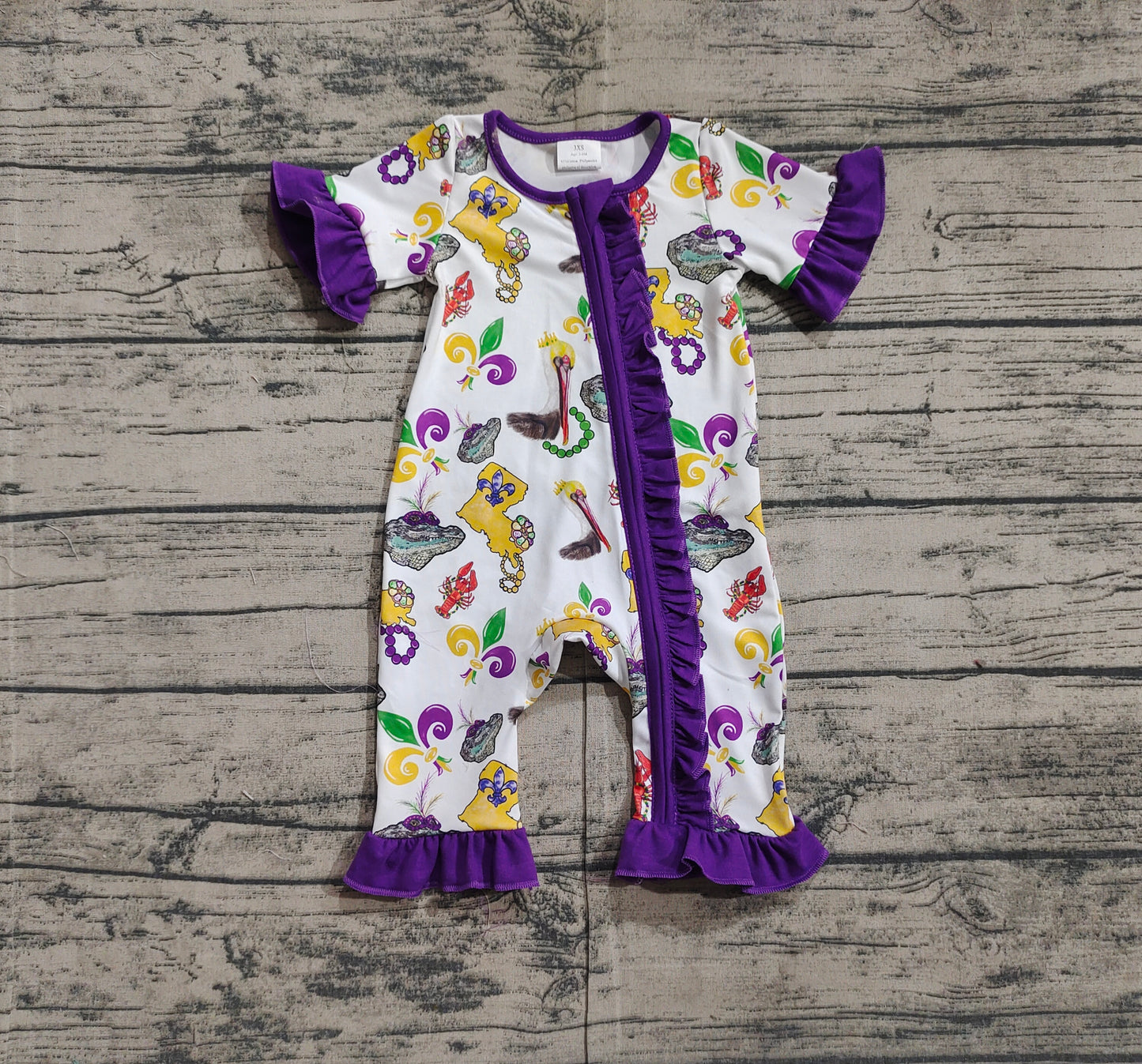 RTS Baby Girl Infant Short Sleeves Mardi Gras Bird Crawfish Ruffle Zipper Romper