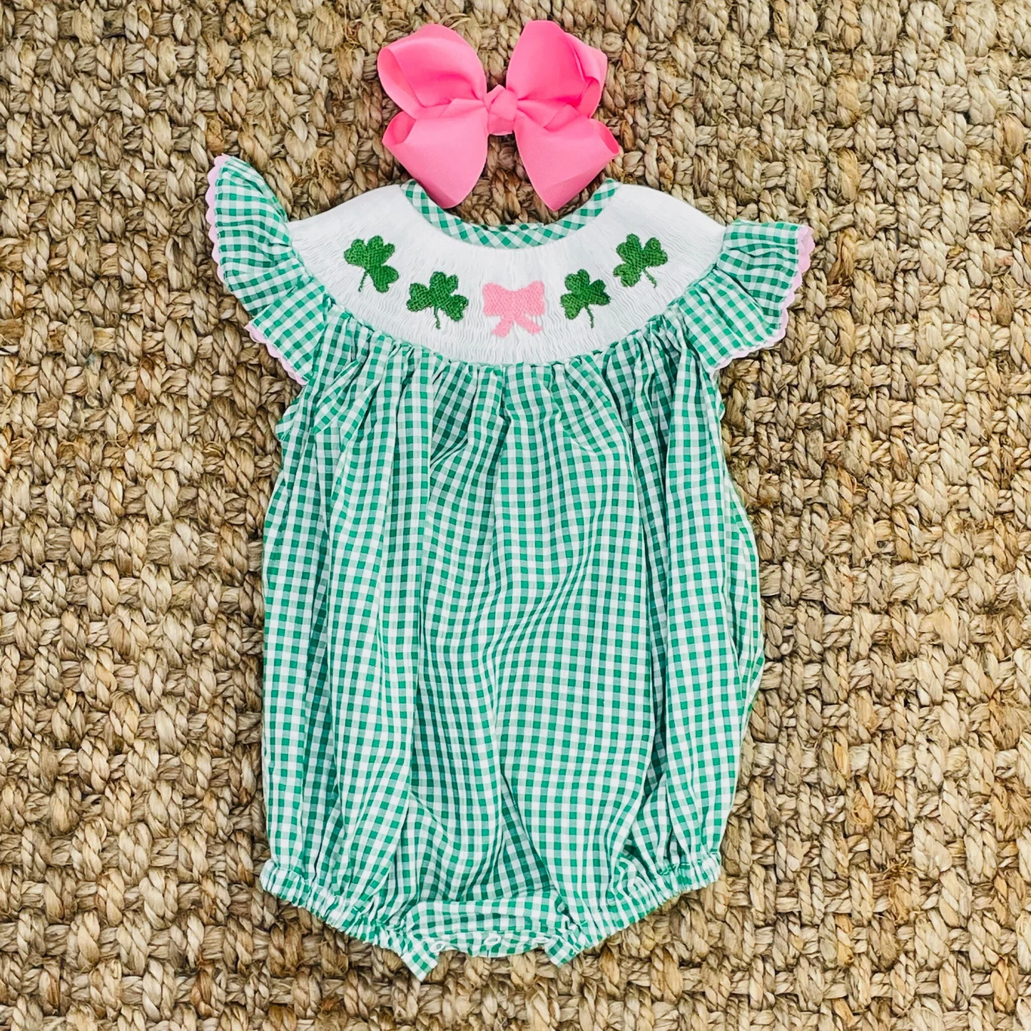 Preorder Baby Girl Infant Short Sleeves St Patrick Bows Green Plaid Bubble Romper