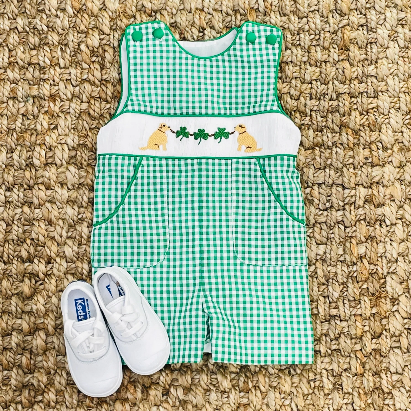 Preorder Baby Boy Infant Sleeveless St Patrick Dog Pocket Buttons Romper