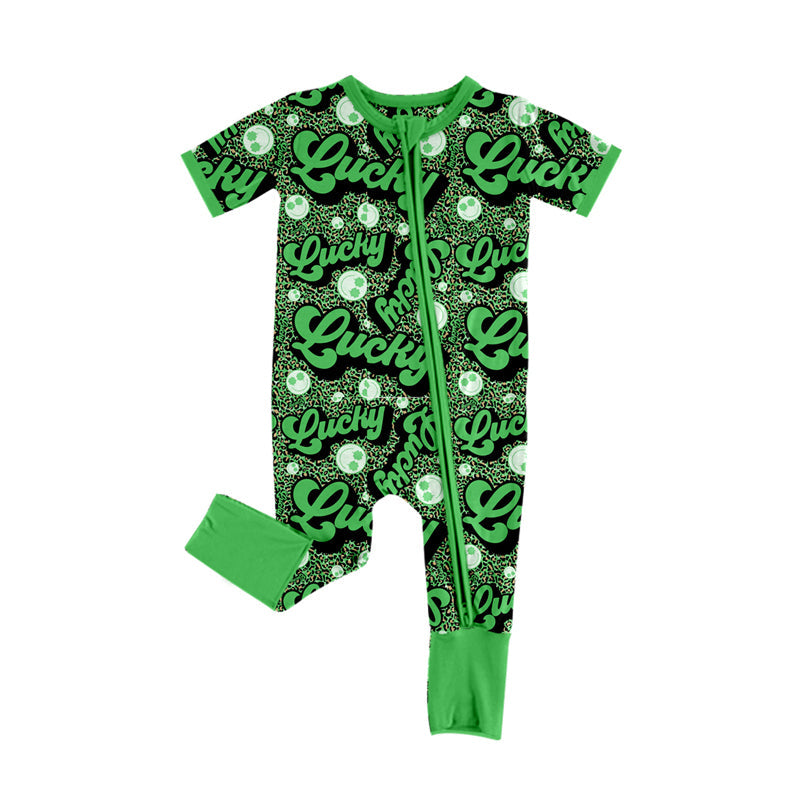 Preorder Baby Boy Infant Short Sleeves St Patrick Smile Green Zipper Romper