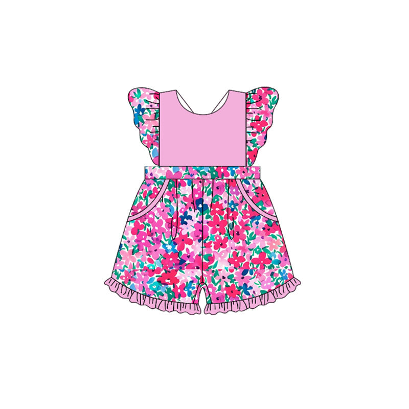 Preorder Baby Girl Short Sleeves Flower Pockets Ruffle Shorts Summer Jumpsuit