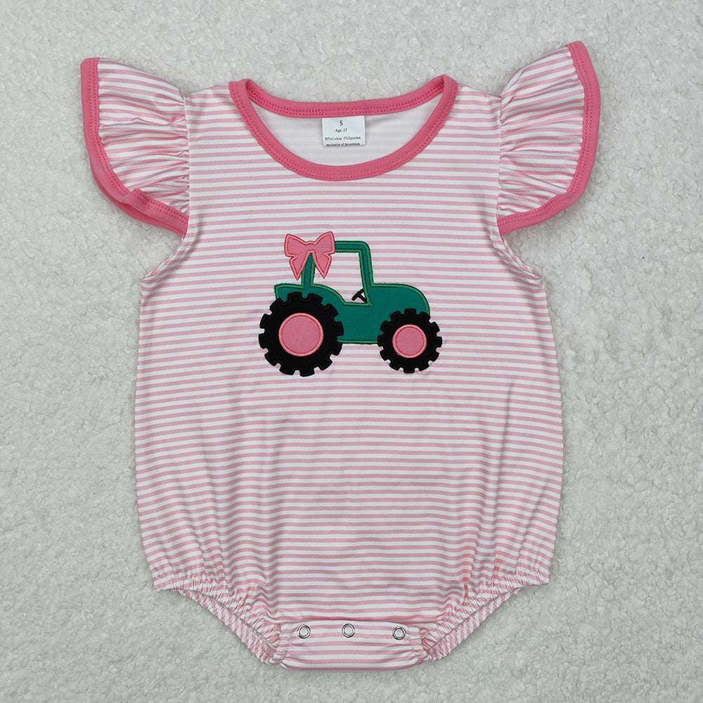 Baby Boy Girl Short Sleeves Embroidery Trucks Bows Sibling Romper Clothes Set