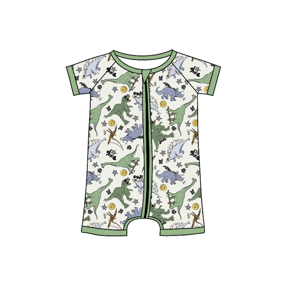 Preorder Baby Boy Infant Short Sleeves Dinosaurs Green Zipper Romper