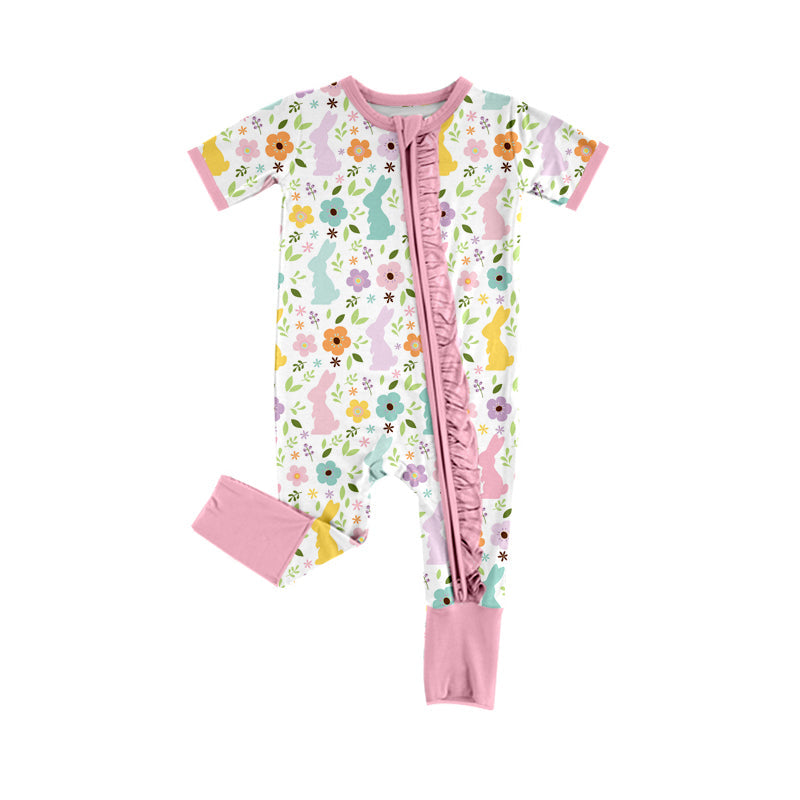 Preorder Baby Girl Infant Short Sleeves Easter Rabbit Flower Pink Ruffle Zipper Romper