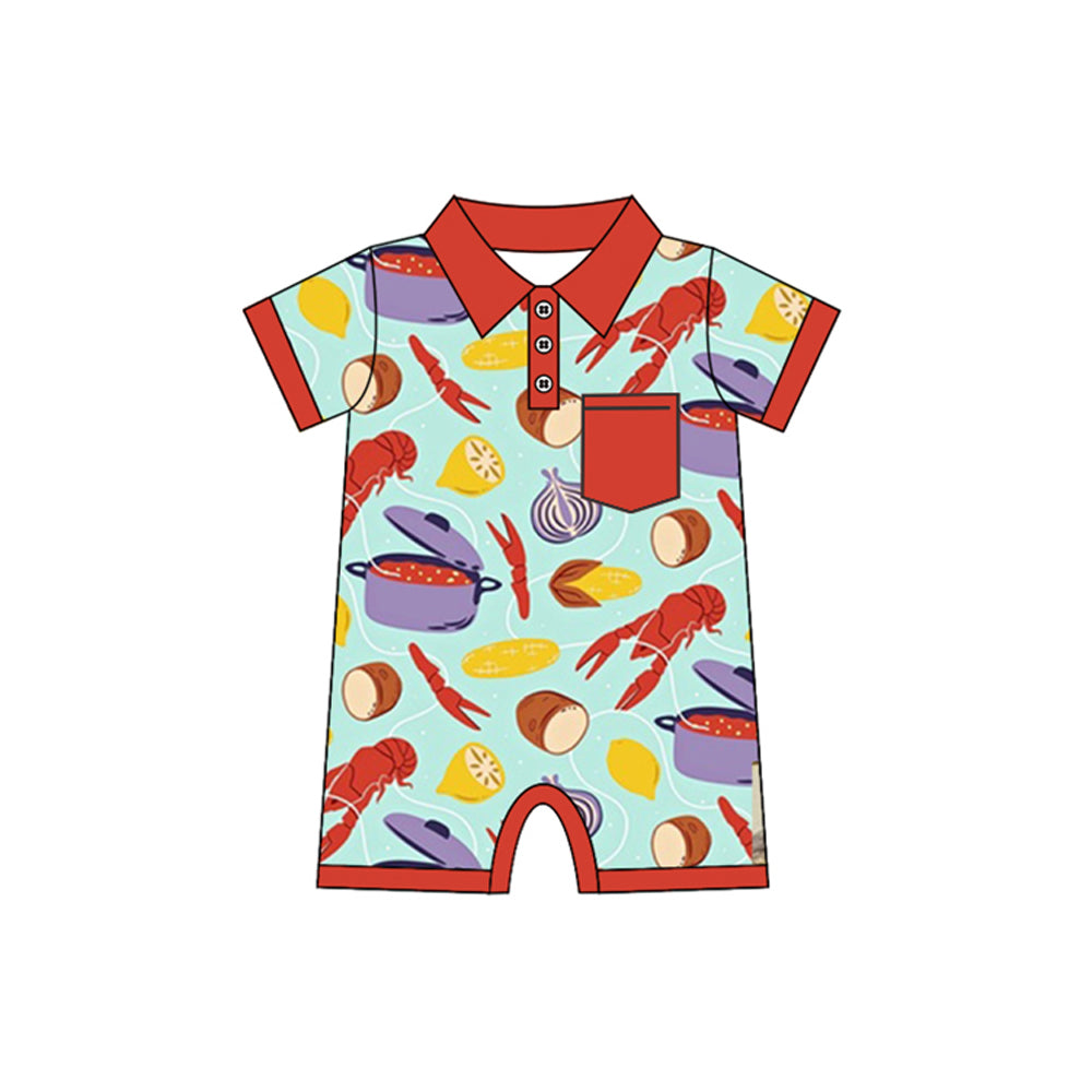 Preorder Baby Boy Infant Short Sleeves Crawfish Pocket Buttons Romper
